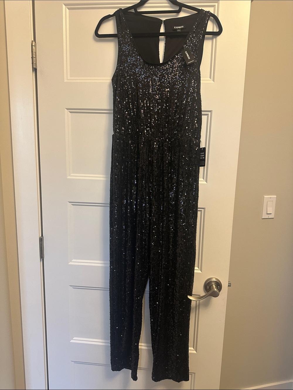 Express Black Sequin Sleeveless Jumpsuit with Scoop Neck